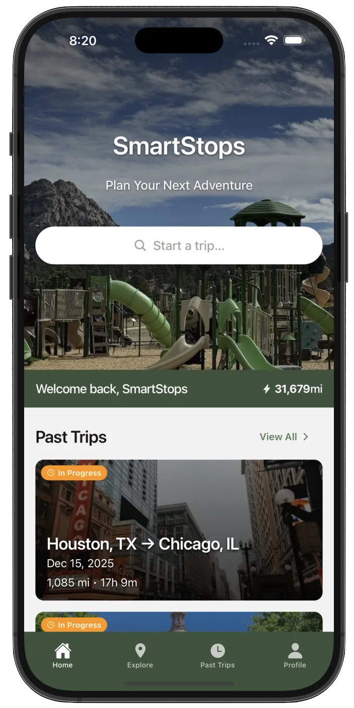 SmartStops family road trip planner app showing kid-friendly parks and playgrounds along your driving route