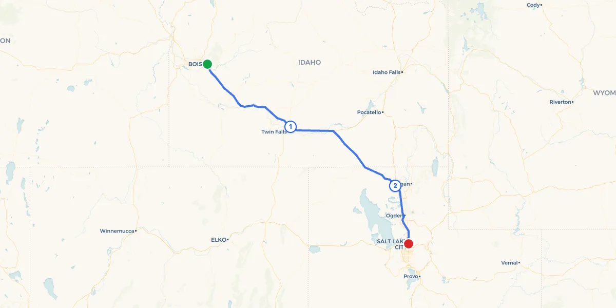 Route map from Boise to Salt Lake City showing 2 recommended stops