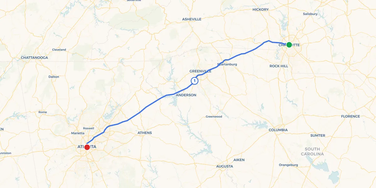 Route map from Charlotte to Atlanta showing 1 recommended stops