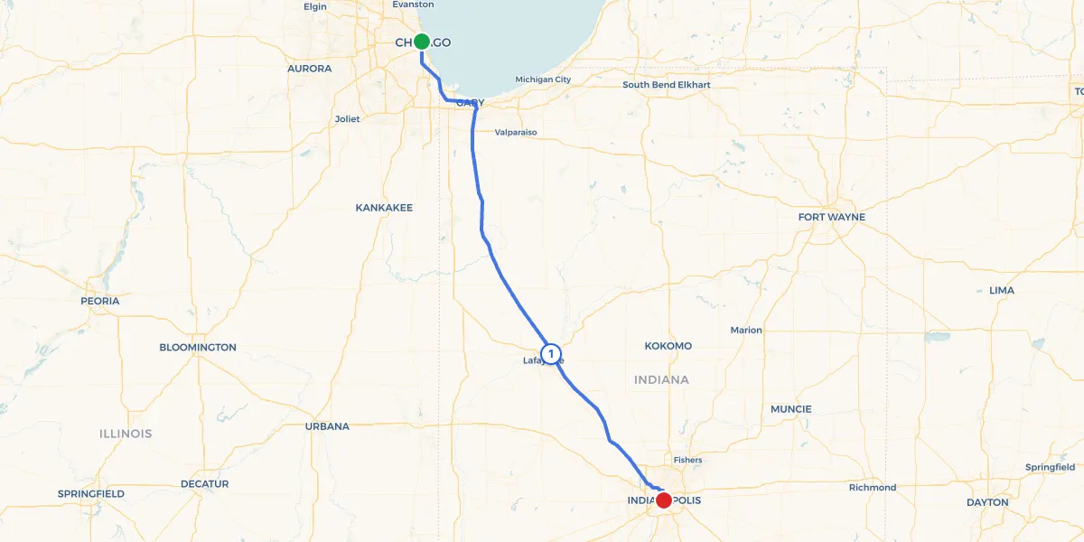 Route map from Chicago to Indianapolis showing 1 recommended stops