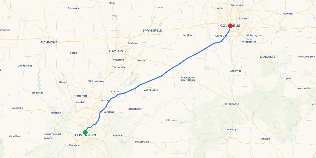 Route map from Cincinnati to Columbus showing 0 recommended stops