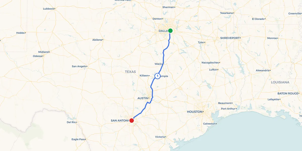 Route map from Dallas to San Antonio showing 1 recommended stops