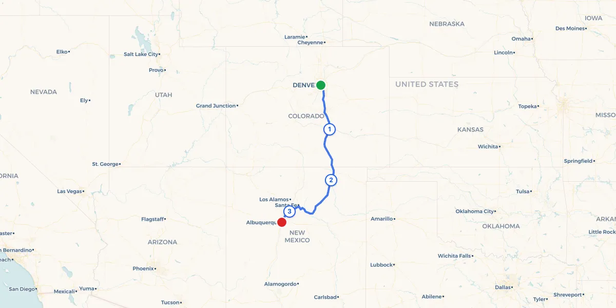 Route map from Denver to Albuquerque showing 3 recommended stops