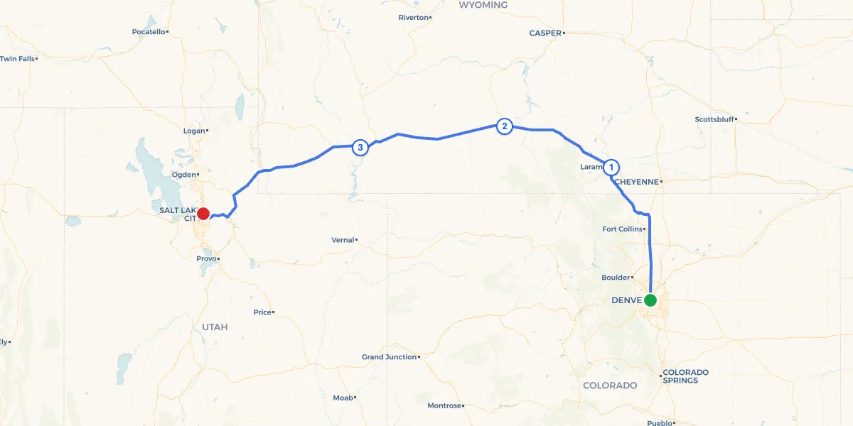 Route map from Denver to Salt Lake City showing 3 recommended stops