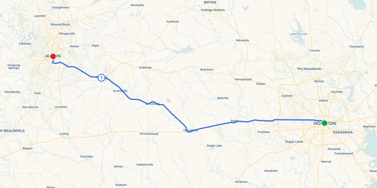 Route map from Houston to Austin showing 1 recommended stops