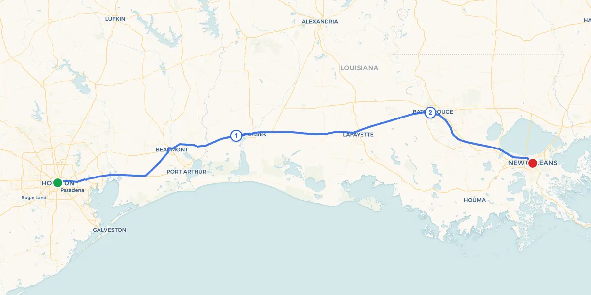 Route map from Houston to New Orleans showing 2 recommended stops