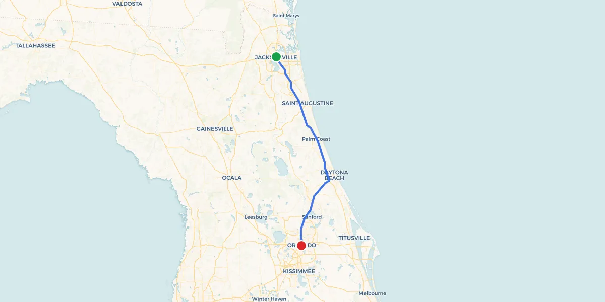 Route map from Jacksonville to Orlando showing 0 recommended stops