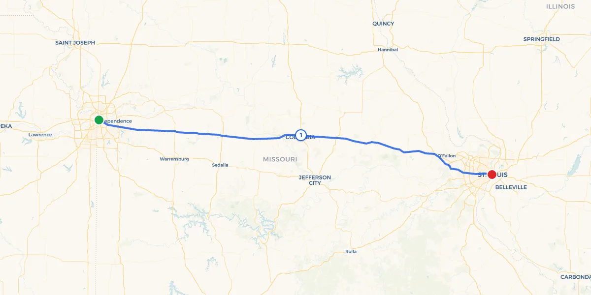 Route map from Kansas City to St. Louis showing 1 recommended stops