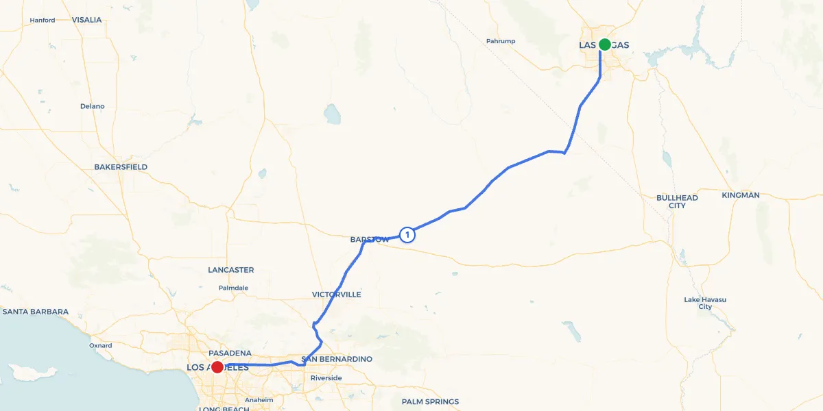 Route map from Las Vegas to Los Angeles showing 1 recommended stops