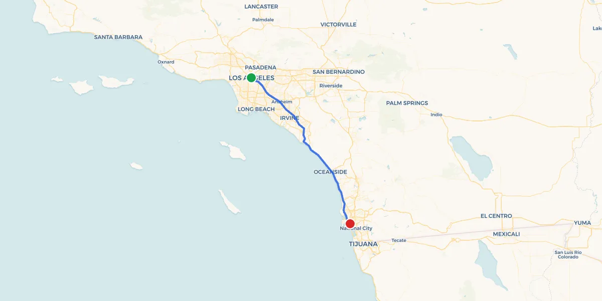 Route map from Los Angeles to San Diego showing 0 recommended stops