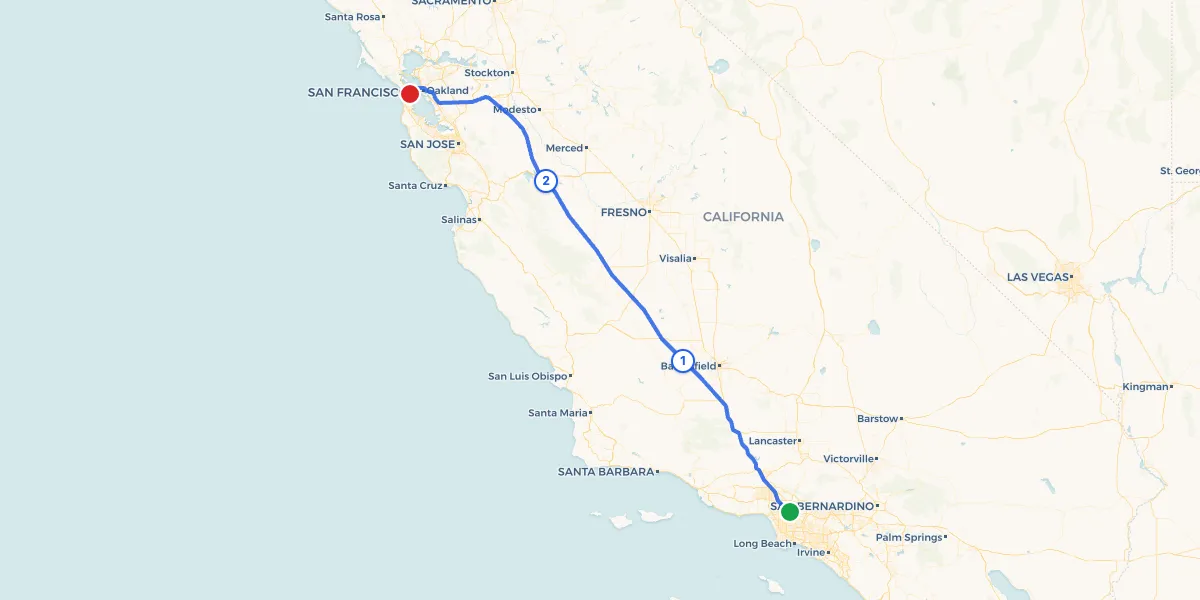 Route map from Los Angeles to San Francisco showing 2 recommended stops