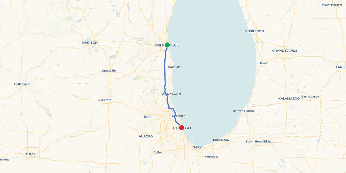 Route map from Milwaukee to Chicago showing 0 recommended stops