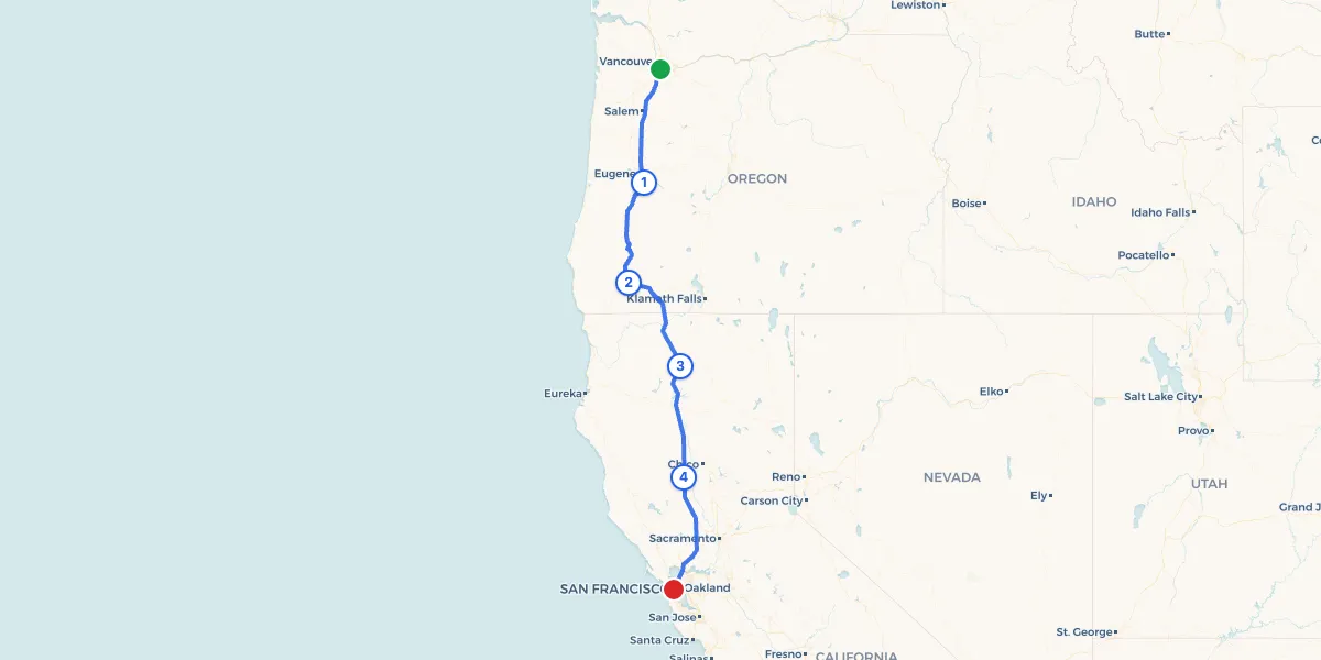 Route map from Portland to San Francisco showing 4 recommended stops