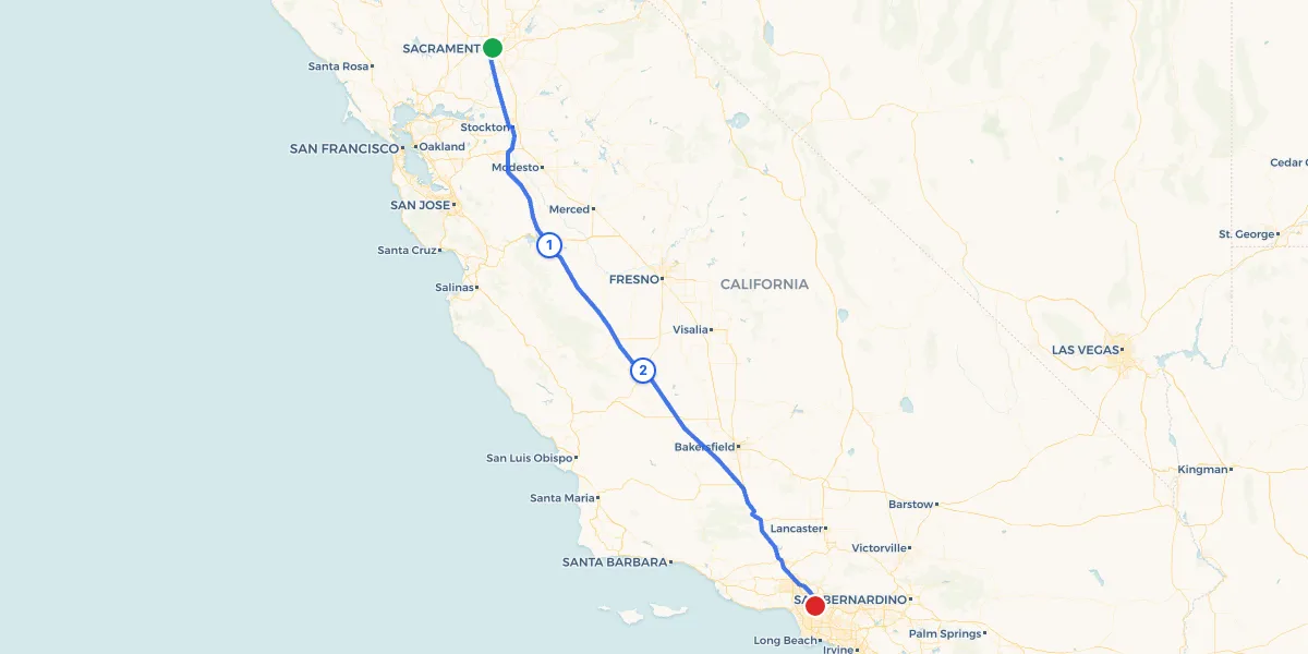Route map from Sacramento to Los Angeles showing 2 recommended stops