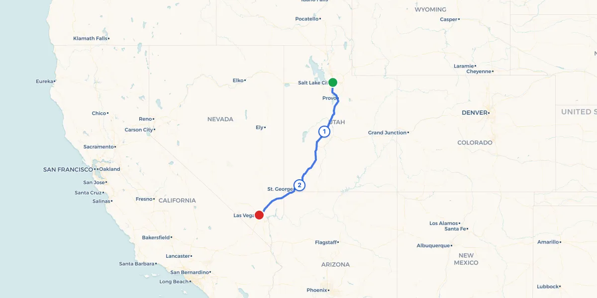 Route map from Salt Lake City to Las Vegas showing 2 recommended stops