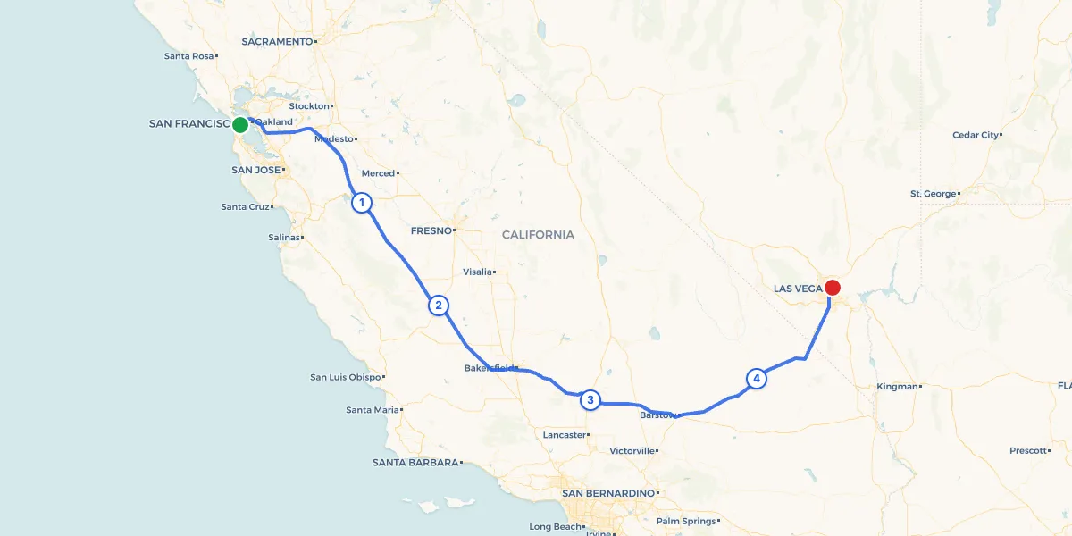Route map from San Francisco to Las Vegas showing 4 recommended stops