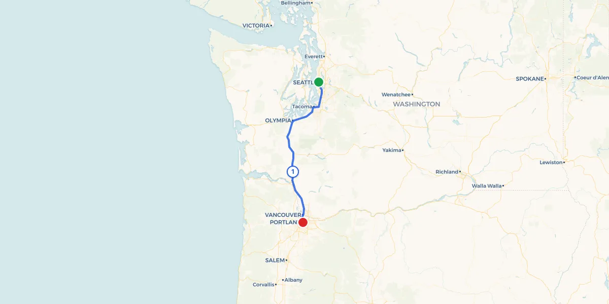 Route map from Seattle to Portland showing 1 recommended stops